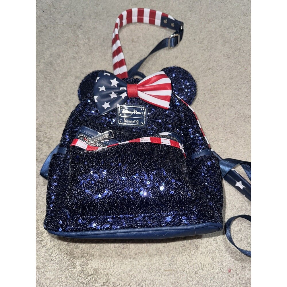 Disney Parks Loungefly Star Stripes American Sequin Red White Blue Mini Backpack
